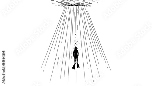 Scuba diver silhouette ascending to sunlit ocean surface with bubbles