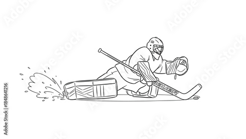 Hockey goalie making a save in action sketch with puck and stick