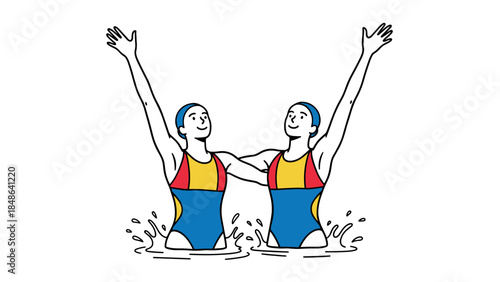 Colorful synchronized swimmers celebrating in water