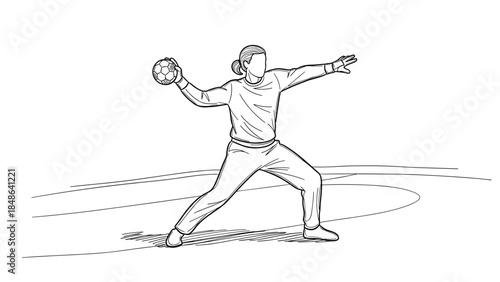 Handball player in action: dynamic line art of a woman throwing the ball