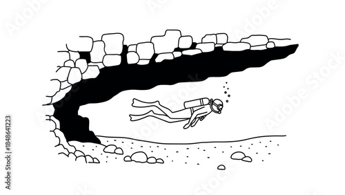 Underwater adventure: minimalist line drawing of a cave diver in black and white