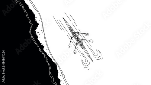 Kayaker navigating ocean waves from above in minimalist black and white design