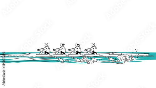 Team rowing in action with dynamic waves in linear art style