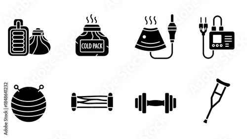 Silhouette set of fitness and therapy equipment icons for wellness and recovery
