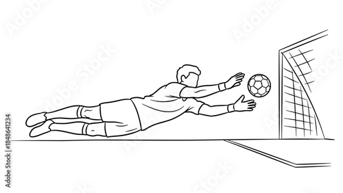 Dynamic soccer goalie dive in minimalist line art style
