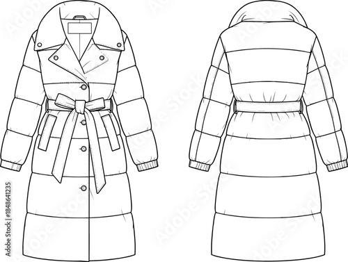 Long padded coat fashion sketch, front and back view, technical garment illustration, winter outerwear design, quilted coat template, vector drawing