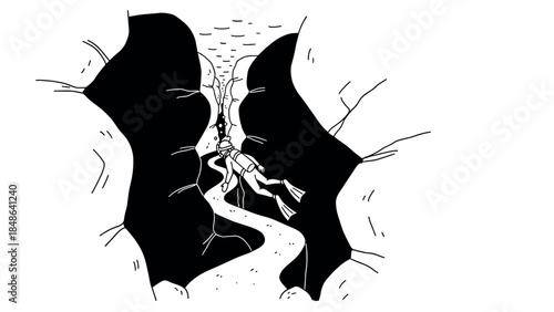 Diver exploring deep underwater canyon in black and white linear art style