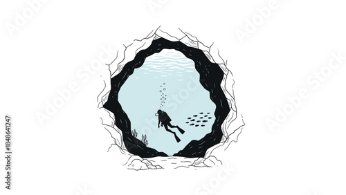 Cave view of scuba diver and fish pack in aquatic adventure scene