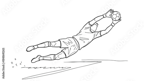Soccer goalkeeper making a diving save in line art style