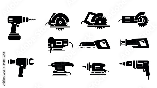 Silhouette collection of power tools for construction and woodworking projects