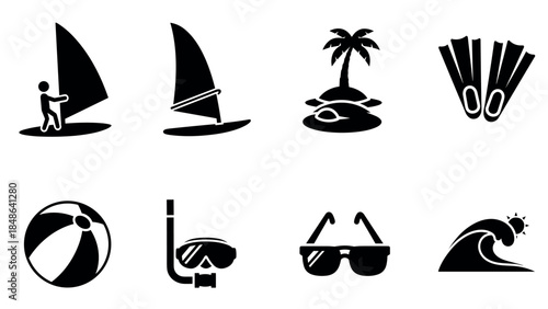 Simple beach icons: summer, sea, and surf elements in minimalist black silhouette style