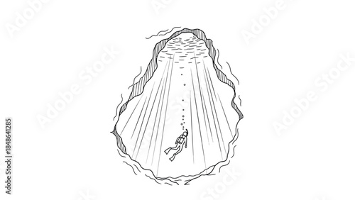 Deep diver exploring underwater cave in minimalist hand-drawn style