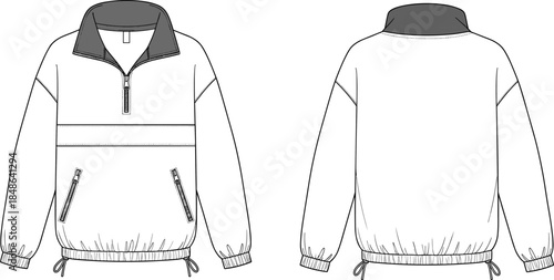Pullover jacket technical sketch, front and back view, fashion flat drawing, half-zip design, garment construction template, vector apparel illustration