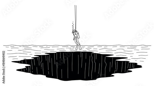 Diver suspended above deep sea abyss in minimalist ink drawing