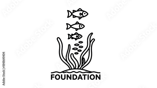 Minimalist marine life design: fish above coral with foundation text
