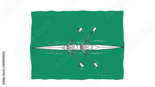 Top view of double scull rowing with two athletes on green water