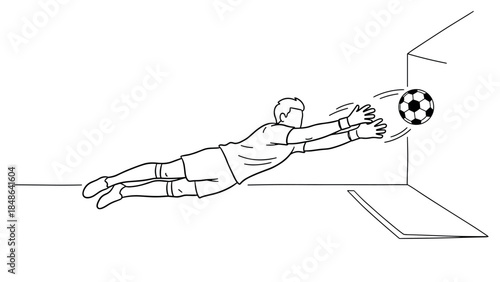 Minimalist line art of goalkeeper diving to save a soccer ball
