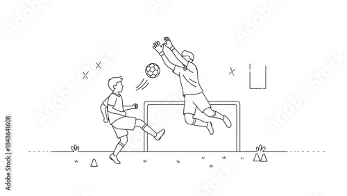 Linear outline of soccer goalie saving goal against opponent player