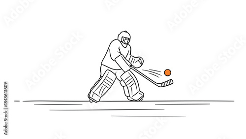 Minimalist hockey goalie in action catching puck on ice rink