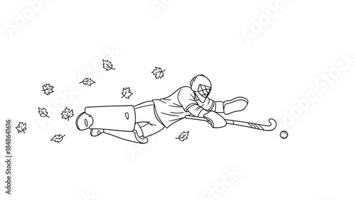 Field hockey goalie in action with autumn leaves in minimalistic line art style