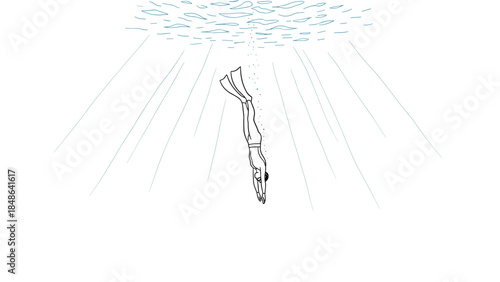 Graceful diver descends underwater with sunbeams streaming through waves