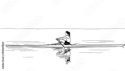 Minimalist line art of woman rowing solo on calm water