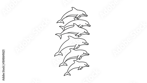 Minimalist dolphin outline art with six leaping dolphins in sequence