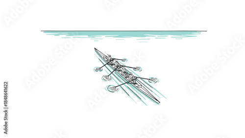 Minimalist line art of rowers in boat on calm water