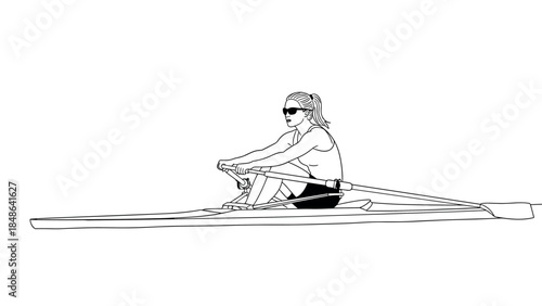 Black and white outline of athlete rowing a single scull in sunglasses