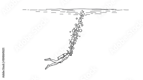 Diver exploring underwater depths with bubbles in minimalist line art style