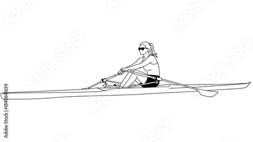 Outline of a woman rowing in canoe with sunglasses and oars in minimalist style