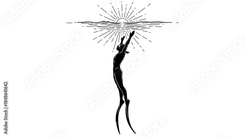 Diver reaching for the sun: minimalist underwater serenity with radiant sunburst