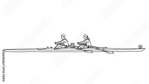 Minimalist line drawing of two rowers in a boat