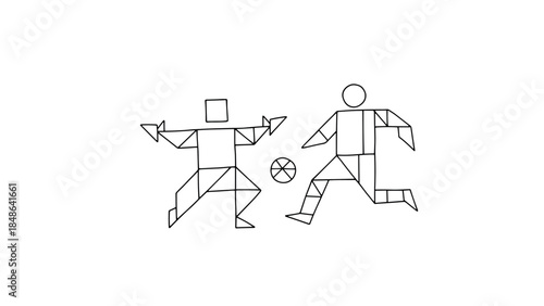 Geometric line art of two players competing for a ball in minimalist style