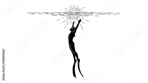Surreal artistic diver with sunburst rays in monochrome design