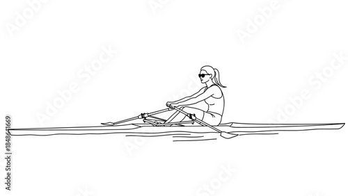Linear illustration of a woman rowing a boat in sunglasses on calm water