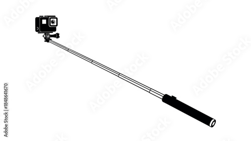 Minimalist action camera on selfie stick with monochrome design