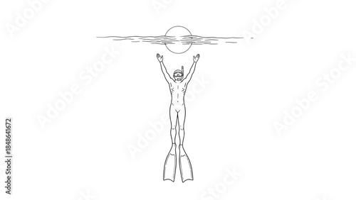 Diver surfaces gracefully under a setting sun in minimalist line art