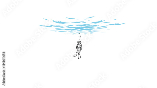 Minimalistic diver exploring underwater serenity with rippling waves