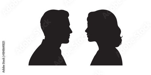 Silhouettes of a man and woman facing each other in profile, symbolizing connection Vector
