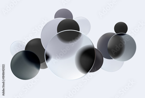 Transparent  circles and balls in liquid glass style. Abstract geometric background.