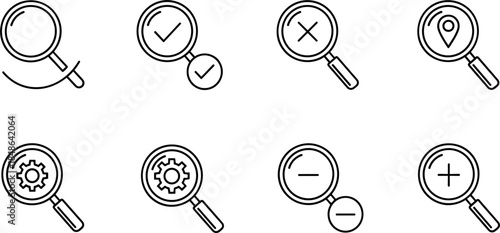 Magnifying Glass Search Icon Set with Gear Check Mark and Location Pin for Zoom Setting and Find