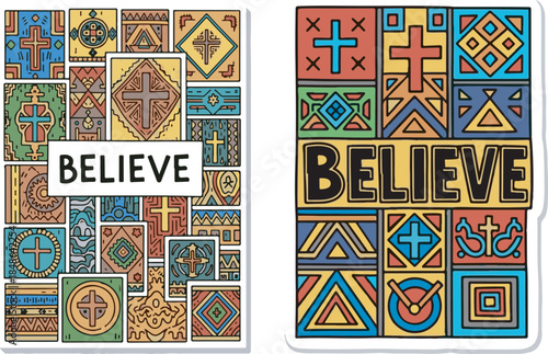 A booklet cover design featuring a collage of ethnic motifs and signs of faith