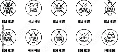 Food Allergy Black Icon Set for Gluten Dairy Egg Nut and Sugar Free Diet Label