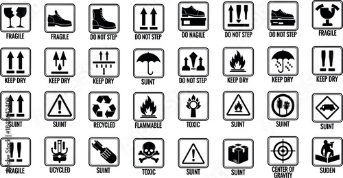 Black Packaging and Shipping Warning Label Set for Fragile Toxic Flammable and Keep Dry Symbol