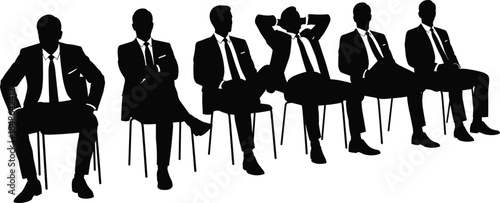 Business men silhouettes sitting on chairs in different poses, professional executives, leadership, confidence, corporate style isolated white background