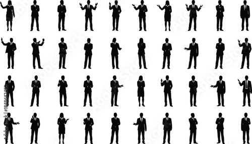 Business people silhouettes collection in presentation and communication poses, professional men and women gestures, corporate teamwork black vector illustration