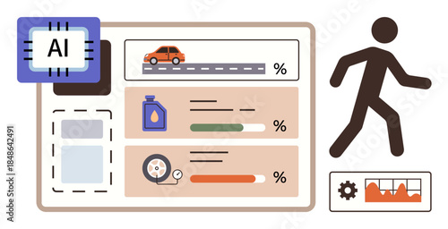 AI chip analyzes vehicle data including fuel, tire health, and usage trends. Ideal for technology, automation, transportation, safety, efficiency performance and innovation. Simple flat metaphor