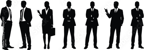 Business people silhouettes in suits, professional men and woman standing, talking and gesturing, corporate office teamwork illustration set