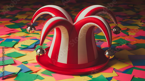 Obraz na płótnie Vibrant jester s hat on colorful confetti background with bells
